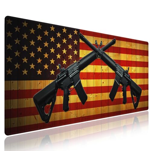 Guns Crossed Tactical Rifles Mouse Pad, Rustic Wood American Flag Desk Mat | Keyboard Mat Stitched, 31.5" x 11.8", Patriotic 2nd Amendment Decor, Vintage Gun Rights Man Cave USA AR-15 Decor - color: Vibrant Design J13K