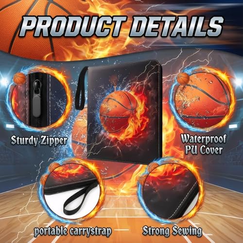 Trading Card Binder 9 Pocket, Basketball Card Binder Holds 900 Cards with 50 Removable Sleeves, Waterproof PU Leather with Zipper Card Collector Album Book Compatible with TCG Cards - color: Basketball