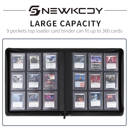 Snekdy Top loader Binder, 9 Pockets Top Loader，Holds 360 Top Loaders cards, Card binder with Sleeves for card in 3 x 4 inches color smooth Zipper PU Leather (Black) - color: Black