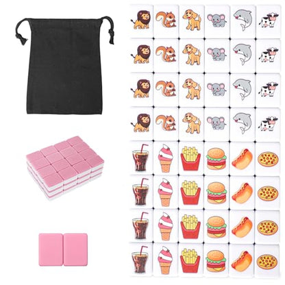 GRACIAS 2 Players Mahjong Block Set, Mahjong Tile Game with 50 Premium Pink Tiles(30mm) Animal and Food Pattern, Portable Mahjongg Set with A Carry Bag - color: Pink