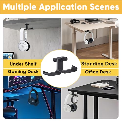 Under Desk Headphone Hanger with Strong Adhesive and Screws Mount, 360° Rotatable Dual Headset Holder Stand, Aluminum Metal Adjustable Headphone Hook, Perfect for Home Gaming & Office - Black - size: Black - 2 Headphones, Metal