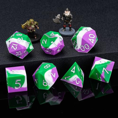 Silicone DND Dice, 7pcs Rubber Polyhedral D&D Dice Set, Sharp Edges Soft Perfect Bouncer for Dungeons and Dragons, RPG, MTG (D4, D6, D8, D10, D12, D20, D%) for Ages 15 and Up - color: Green White Purple