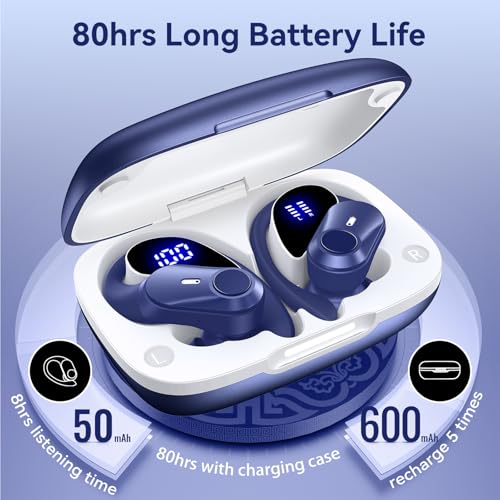 Active Noise Cancelling Ear Buds Wireless Earbuds 80H Playtime Bluetooth Headphones with LED Display Case, Hi-Res Audio Clear Calls Earphones with Over Ear Hooks for Running Gym Workout Travel Blue - color: Blue