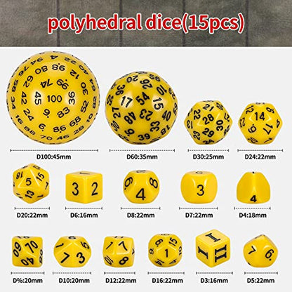 CiaraQ DND Polyhedral Dice Set (15pcs) D4-D100 Game Dice with Dice Bag | Acrylic Role Playing Dice for Dungeons and Dragons MTG Table Games (Yellow & Black) - color: Yellow & Black