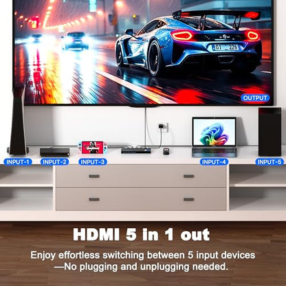 HDMI Switch 5 in 1 Out 8K@60Hz 4K@120Hz - HDMI 2.1 Switcher Splitter with Remote, Auto-Switching - Supports HDCP 2.3, HDR10, Dolby Vision, 3D, VRR - Compatible with PS5/Xbox/PC/Blu-ray Player - size: 8K HDMI Switcher 5 port