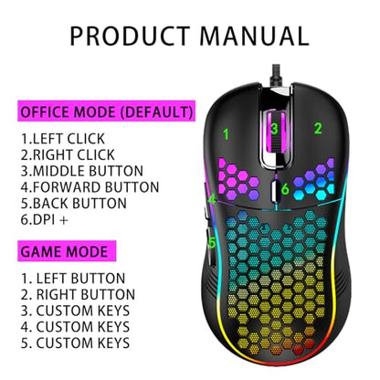 Wired Gaming Mouse, 7200 DPI High Precision Optical Sensor, Lightweight Honeycomb Design, Ergonomic RGB Gaming Mouse with On/Off Switch, 6 Programmable Buttons for PC Mac Laptop Gamers - color: Pink