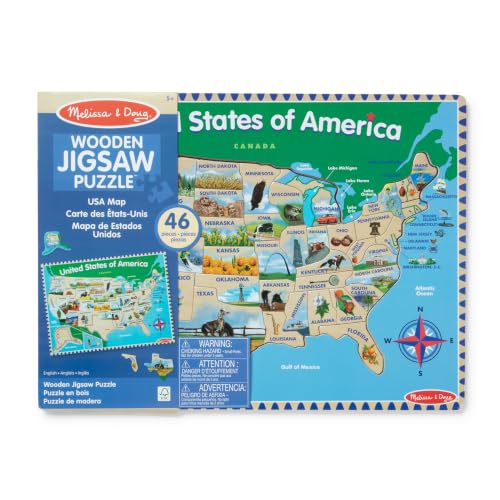 Melissa & Doug USA Map Wooden Puzzle (45 pcs) | 46 Piece Set, Wooden Puzzle Board With State Capitals, 45 State Pieces, Geography Learning Toys for Kids, Ages 5+