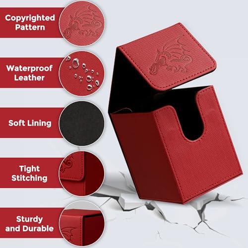 Card Deck Box with 2 Dividers, MTG Commander Deck Box Holds 100+ Double-Sleeved Cards, Leather Magnetic Deck Case Compatible with Magic TCG CCG Cards, Red/Dragon - color: 4. Red,Dragon 01, size: 100 Double-sleeved Cards Vertical