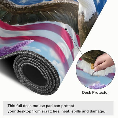 Mouse Pad, Large Anti-Slip with Stitched Edges Desk Mat Desktop Laptop Computer Desk Keyboard Mat,Table Protector Blotter Mat (Flowers and Eagles, 35.4" x 15.7") - color: Flowers and Eagles, size: 35.4" x 15.7"