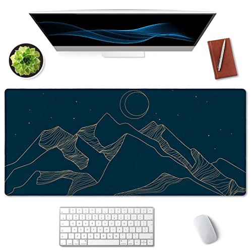 SSOIU Mountain & Moon Landscape Blue Desk Mat, Extended Gaming Mouse Pad 35.5x15.7 in, Large Non-Slip Rubber Base Mousepad with Stitched Edges, Waterproof Keyboard Mouse Mat Desk Pad for Office, Home - color: Mountain & Moon Landscape Blue