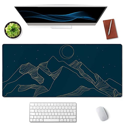 SSOIU Mountain & Moon Landscape Blue Desk Mat, Extended Gaming Mouse Pad 35.5x15.7 in, Large Non-Slip Rubber Base Mousepad with Stitched Edges, Waterproof Keyboard Mouse Mat Desk Pad for Office, Home - color: Mountain & Moon Landscape Blue