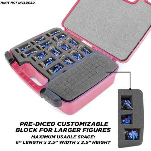 CASEMATIX Miniature Storage Hard Shell Miniature Figure Case - 30 Slot Figurine Minature Carrying Case with Customizable Foam for Large Miniatures for Warhammer 40k, DND and More, Pink Shell