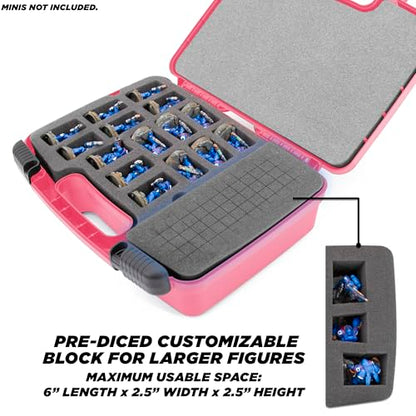 CASEMATIX Miniature Storage Hard Shell Miniature Figure Case - 30 Slot Figurine Minature Carrying Case with Customizable Foam for Large Miniatures for Warhammer 40k, DND and More, Pink Shell