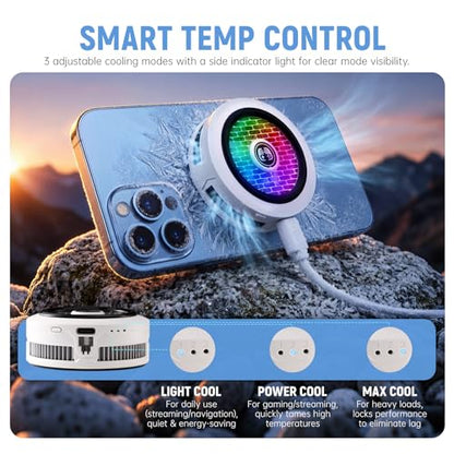 Phone Cooler for Gaming, Low Noise USB Cell Phone Cooler with Smart Temp Control, Phone Cooling Fan with RGB LED Lights, Magnetic Ring & Clip Fan for Phone Gaming & Streaming (White) - color: white