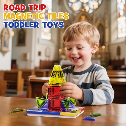 WMXDU Travel Magnetic Tiles Set: Keep Kids Quiet on Planes & in Cars | 26 Tiles -Mess-Free Creative Play. Sturdy Iron Box Doubles as a Building Base. No More Lost Pieces During Travel - style: 26pcs-Orange