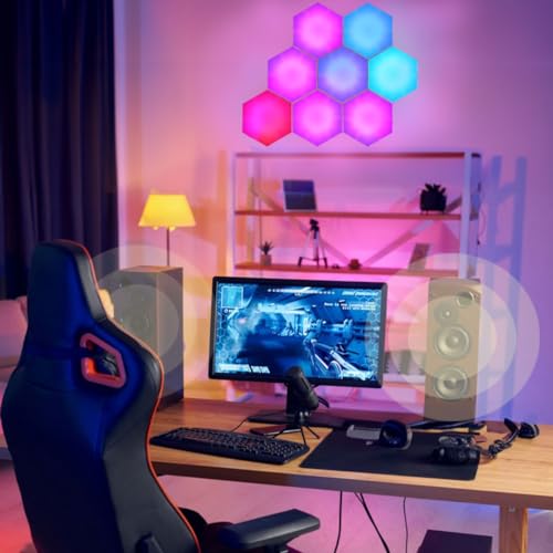 Hexagon LED Lights, 6 Pack with App and Remote Control | Frosted 3D plastic panels for gamers; ideal for gaming desks, DIY decor walls and movie rooms with music sync and app control - size: 6pack