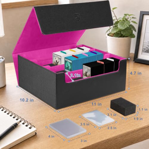 Trading Card Storage Box, Holds 1800 Sleeved Card, PU Magnetic Closure | 200 Toploaders and 600 Penny Sleeves INCLUDED, 10 Dividers and 6 Foam Stoppers INCLUDED, Fit for MTG, TCG and Sports Cards - color: Black and Fuchsia