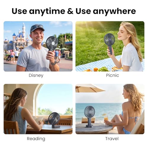 HandFan Quiet 6 Inch Handheld Fan [34H Max Cooling Time], 6 Speed Rechargeable Personal fan and Desktop with Base, 180° Foldable for Travel Concerts Makeup Office (Grey) - color: grey