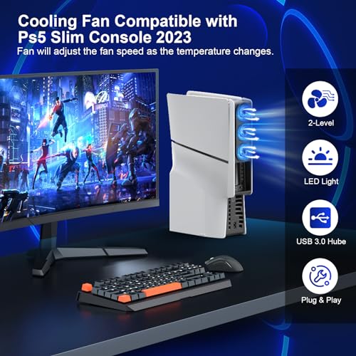 Cooling Fan for PS5 Slim Console, Auto Power On/Off Cooler Fan Accessorie with 2 Speed Fans USB 3.0 Port for PlayStation 5 Slim Digital & Discs Edition(Not for PS5/PS5 Pro)