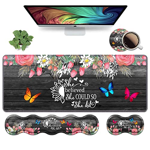 Ergonomic Keyboard Wrist Rest and Mouse Pad Wrist Rest Set, Large XXL Gaming Desk Mat 31.5"x 11.8",Non-Slip Base, Memory Foam,Easy Typing Pain Relief, Floral Quote She Believed She Could So She Did - color: Floral Quote She Believed She Could So She Did