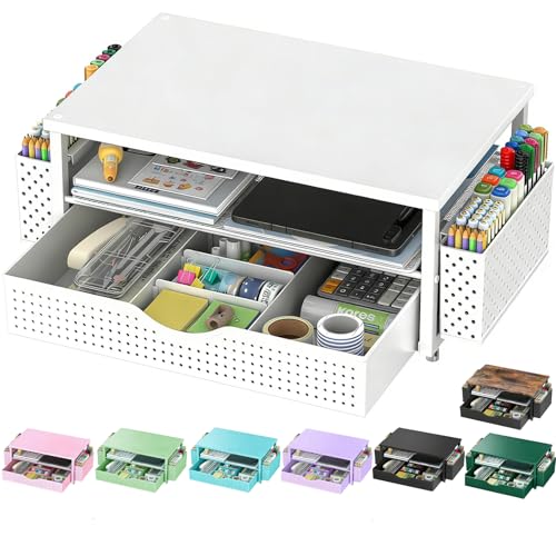 Spacrea Desk Organizer and Accessories, Computer Monitor Stand Riser with Drawer and 2 Pen Holders, Office Desk Accessories & Workspace Organizers for Office Supplies (White) - color: White