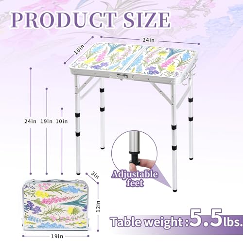 Yriuat Folding Camping Table 2ft Portable Pinic Table Adjustable Height Small Card Table Aluminum Foldable Lightweight with Carry Handle for Outdoor Indoor Hiking Camp BBQ Beach (Blooming Floral) | Lightweight Aluminum,Foldable Small Card Table with Carry