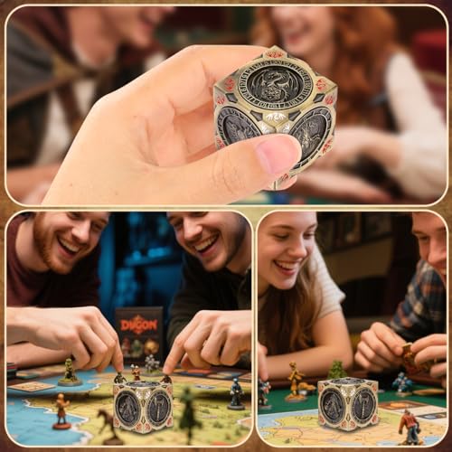 Polyhedral Rotating Game Dice, D&D Spinner Dice, DND Metal Dice | 7-in-1 Metal Dice Set, 3D Relief Design, D&D Gifts, RPG, MTG, Role Playing Board Game Accessories, with Gift Box, Bronze - color: Bronze