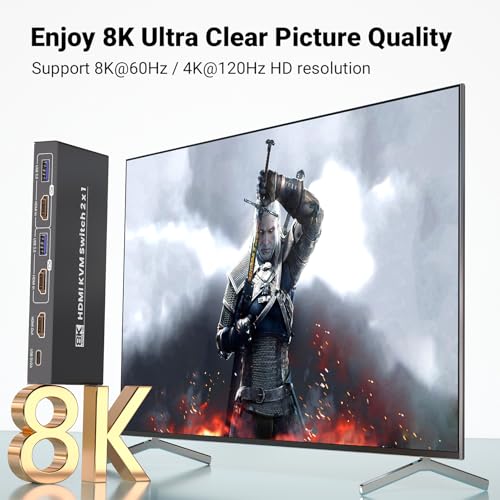 HDMI KVM Switch 1 Monitor 2 Computers, 8K60Hz 4K120Hz USB 3.0 2 Port HDMI KVM Switch for 2 PC Management Via 1 Set of Keyboard Mouse and 1 Monitor