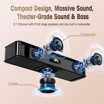 BESTISAN 2.1ch Sound Bar with Built-in Subwoofer, 100W Peak Power, HDMI ARC/Opt/AUX/USB/Bluetooth 5.3, 3 EQ Modes & Volume Boost, 16.5" All-in-One for TV/PC/Gaming/Projector - size: 16.5 inch