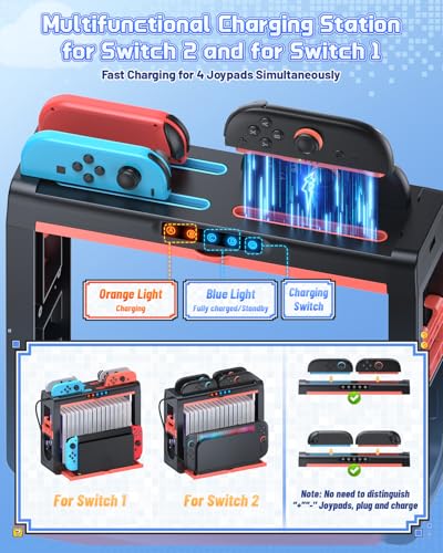FASTSNAIL Organizer Station for Nintendo Switch 2, Charging Dock for Joycon | Switch 2/1 Compatible, Retractable Storage Stand, Charge 4 Joypads Simultaneously, Holds 16 Discs+14 Game Card+Pro Controller