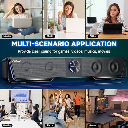 Jeecoo A40 Bluetooth Computer Speakers with Clear Sound, USB Plug & Play PC Speakers with LED Light, Computer Sound Bar with Switch Button for Desktop Laptop Monitor (USB-C Adapter Included)