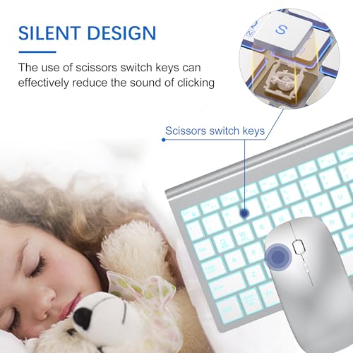 Wireless Backlit Keyboard and Mouse Ultra Slim Combo, TopMate 2.4G Silent Compact 2400DPI Mouse and Scissor Switch Keyboard Set, Batteries Included, for PC/Laptop/Windows/Mac/Gaming - BL Silver White - color: BL Silver White