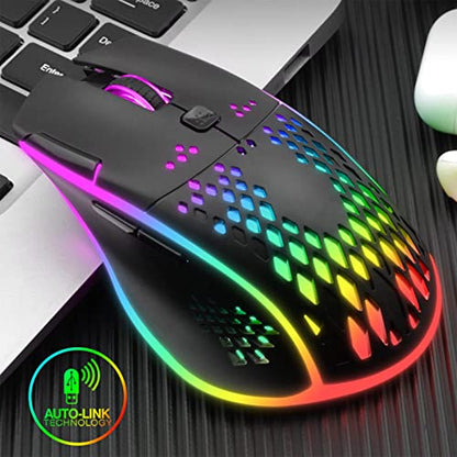 VEGCOO Wireless Gaming Mouse, C30 Silent Click Wireless Rechargeable Gaming Mouse with Double-Click Key and Colorful LED Lights, 3 Level Adjustable DPI, 400mah Lithium Battery for Gaming and Working - color: Black