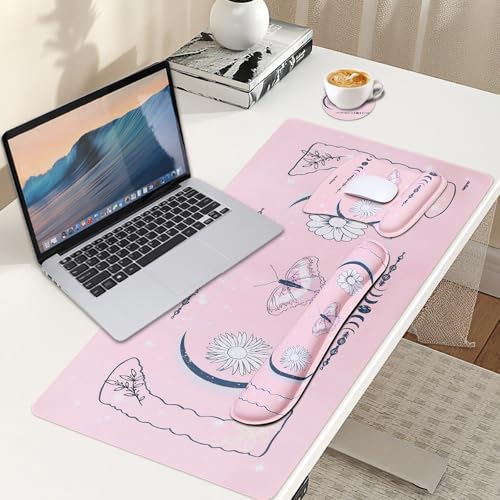 MEGREZ 4-in-1 Mouse Pad with Wrist Rest Ergonomic Memory Foam Desk Mat Set | ergonomic, anti-slip base, 4pcs set, desk pad, mouse wrist rest, keyboard rest, coaster, ideal for office & gaming - color: Cherry Blossom Pink