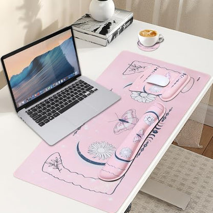 MEGREZ 4-in-1 Mouse Pad with Wrist Rest Ergonomic Memory Foam Desk Mat Set | ergonomic, anti-slip base, 4pcs set, desk pad, mouse wrist rest, keyboard rest, coaster, ideal for office & gaming - color: Cherry Blossom Pink