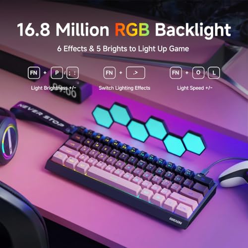 SEUNKWANG F61 60% Gaming Keyboard Wired, RGB Backlit Membrane Keyboard with PBT Keycaps, Compact Design, Lanyard Wired Keyboard for Mac/Win (Black Pink, Wired) - color: Black Pink