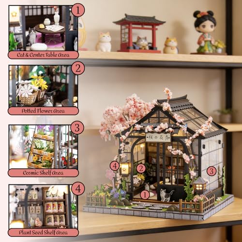 MINORIA Sakura Greenhouse DIY - Miniature House Building Kit-3D Wooden Cherry Blossom Dollhouse with Acrylic Dust Cover - LED Light
