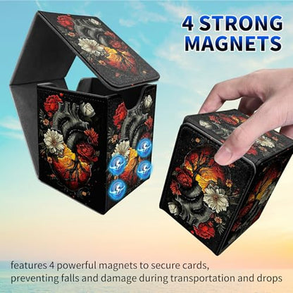 Heart Flower Card Deck Box, MTG Commander Deck Box Card Deck Case for Trading Cards, 100+ Sleeved Cards with PU Leather Magnetic Card Storage Box for TCG CCG Magic Cards - color: Card Deck Box-596