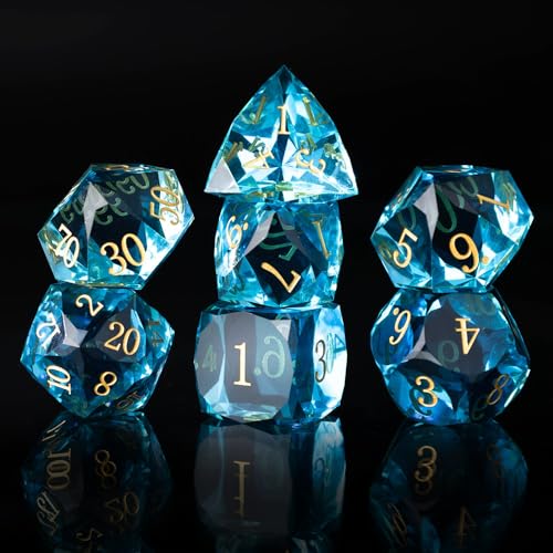 Resin DND Dice Set, 7 Pieces Handmade Sharp Edge Polyhedral Dice for Role Playing Game, Dice Accessory for D&D RPG Players and Starters d4 d6 d8 d10 d12 d20 with Gift Box (Light Blue) - color: Light Blue