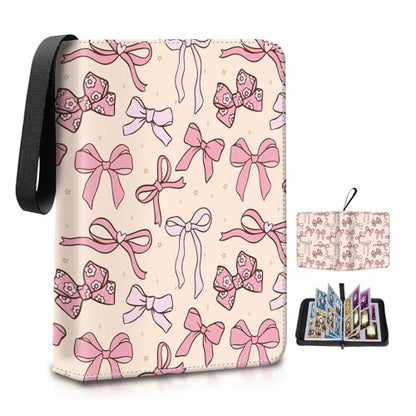 AXUASSILD 4 Pocket Card Binder, Premium Trading Card Holder Fits 400 Cards With 50 Removable Sleeves, Cute Portable Collection Card Ablum Holder Cute Pink Bowtie - color: Cute Pink Bowtie