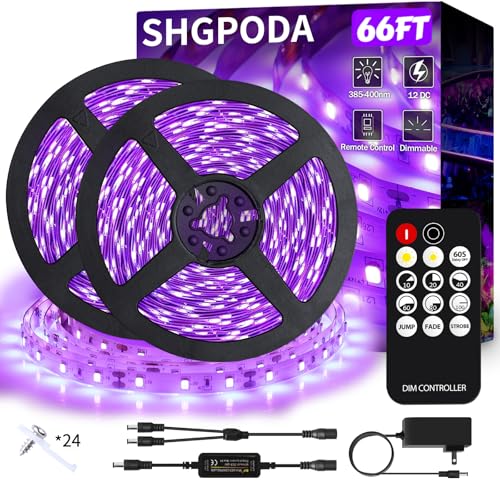 66 Foot Black Light Strip & Remote, 1200LEDs, Dimmable, 3 Lighting Modes | 12V Flexible Black Lights for Halloween, Glow Neon Party, Bedroom, Classroom, Fluorescent Decor Tapestry Poster, Indoor - size: 66FT