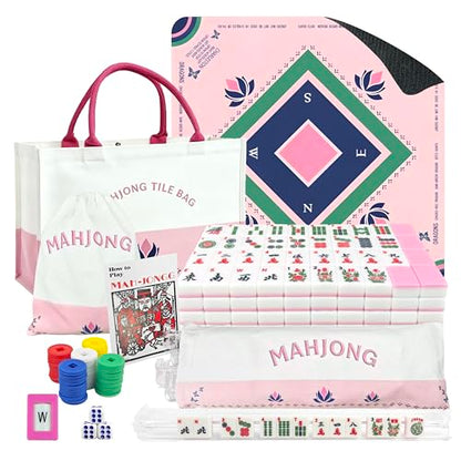 American Mahjong Game Set Complete with 166 Pink Tiles, Noise Reducing Mat, 4 All-in-One Rack/Pushers, Pink Bag & Accessories - Suitable for Adults and Beginners