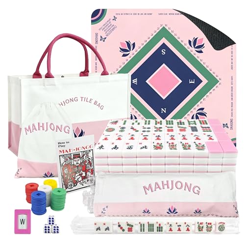 American Mahjong Game Set Complete with 166 Pink Tiles, Noise Reducing Mat, 4 All-in-One Rack/Pushers, Pink Bag & Accessories - Suitable for Adults and Beginners