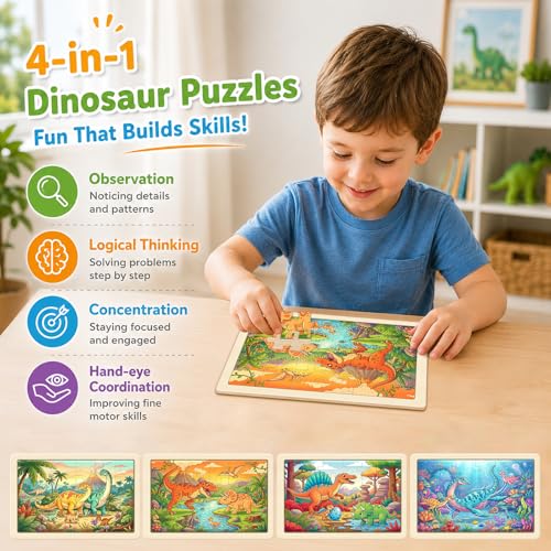 Puzzles for Kids Ages 4-6, 4-Pack 24-Piece Wooden Kids Puzzles | Dinosaur Adventure Themes | Educational Puzzles for Kids Ages 3-5, Age-Appropriate Learning Toys, Ages 3+ - color: Dinosaur