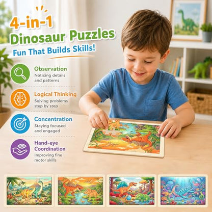 Puzzles for Kids Ages 4-6, 4-Pack 24-Piece Wooden Kids Puzzles | Dinosaur Adventure Themes | Educational Puzzles for Kids Ages 3-5, Age-Appropriate Learning Toys, Ages 3+ - color: Dinosaur