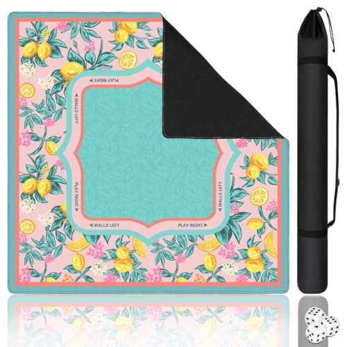 Blue Mahjong Mat for Table, 31.5 * 31.5in Anti Slip Lemon American Mahjong Table Cloth, Noise Reduction, Neoprene Mah jongg Mat with Carrying Bag & 3 Dices, Mahjong Set Gift for Board Tile Games Mat - color: Blue01