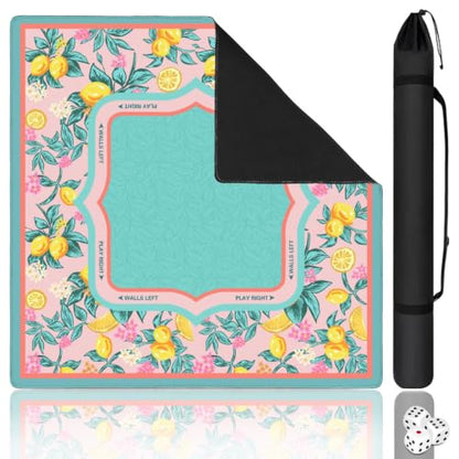 Blue Mahjong Mat for Table, 31.5 * 31.5in Anti Slip Lemon American Mahjong Table Cloth, Noise Reduction, Neoprene Mah jongg Mat with Carrying Bag & 3 Dices, Mahjong Set Gift for Board Tile Games Mat - color: Blue01