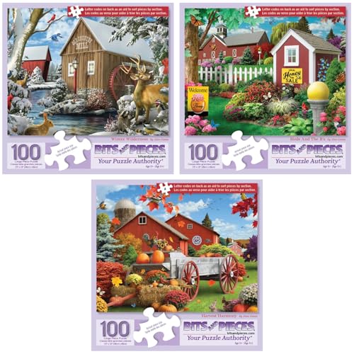 Bits and Pieces 100 Piece Puzzles for Adults - Alan Giana 3-Pack - 100 Extra Large Pieces 15" x 19" Jigsaw Puzzles, Rustic Country Scenes, No 2 Pieces Alike - size: 100 Piece Puzzles