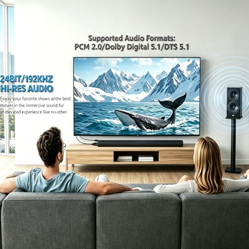 eSynic 192KHZ Professional eARC Audio Extractor with 2 Optical Output | PCM 2.0/Dolby 5.1/DTS 5.1 Audio Formats-Plug & Play-From HDTV eARC/ARC Ports to Optical Soundbar & Wireless Headphones - color: Black & Blue-2 Optical Output