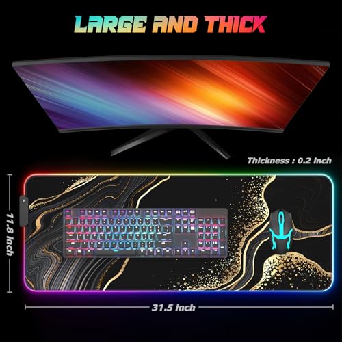 ITNRSIIET RGB Gaming Mouse Pad, Full Desk XL Extended Large Gaming Mousepad, 12 Lighting Modes 30% Thicker Big LED Desk Mat for Gamers, 32 x 12 inches, Black Gold Marbling - color: Black Gold Marbling